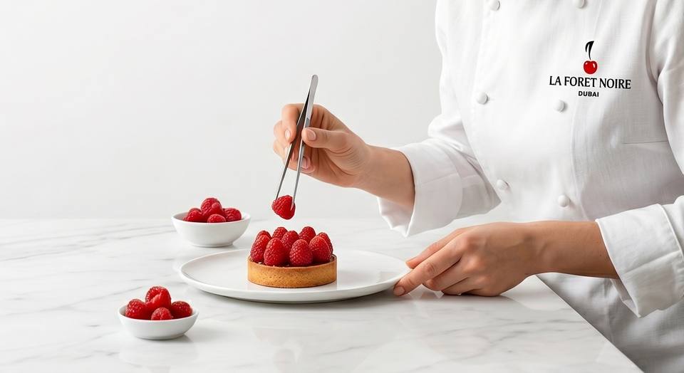Hands in a white jacket placing a raspberry on a raspberry tart with tweezers